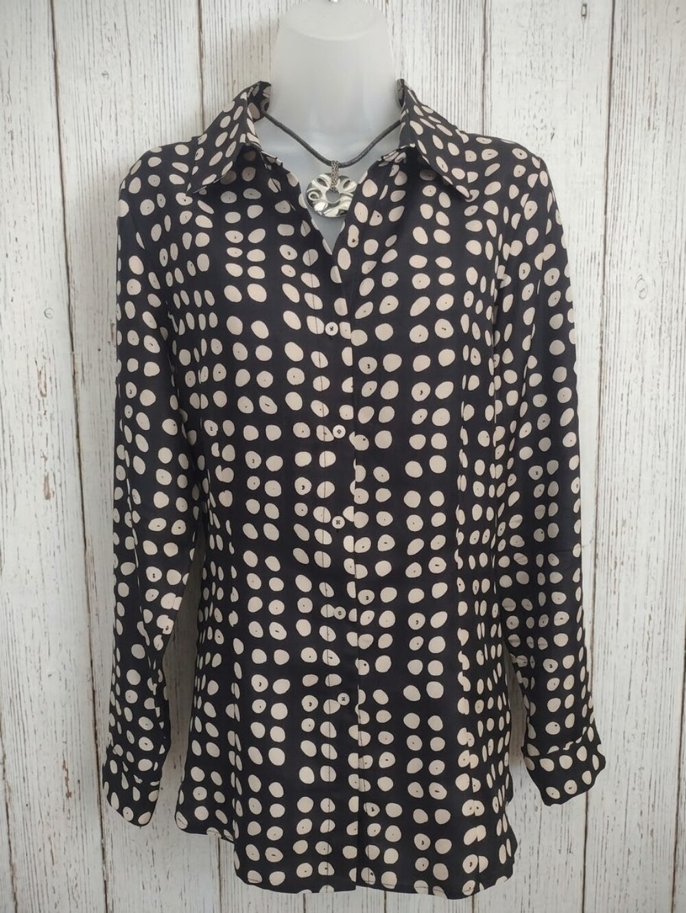 Cabi 100% Silk Black & Light Beige Polka Dot Button Down Blouse Size L NWOT